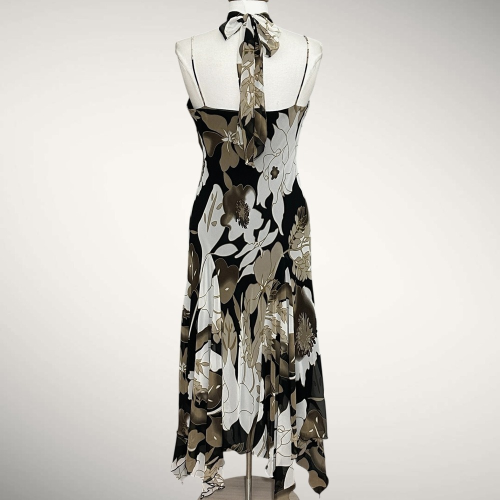 VTG Y2K Women Dress 12 Brown Floral Halter Beaded Handkercheif Hem Forrest Fairy - Picture 5 of 15